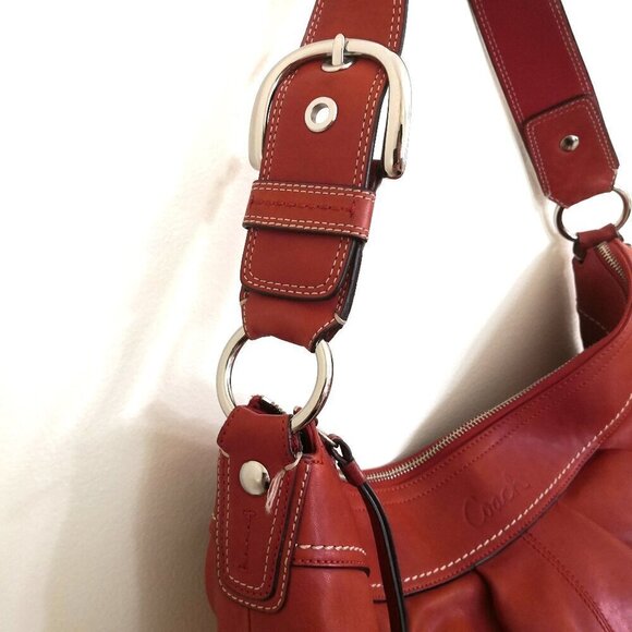 Coach Red Orange Vintage Pleated Leather Hobo Bag F13731 - Picture 3 of 11